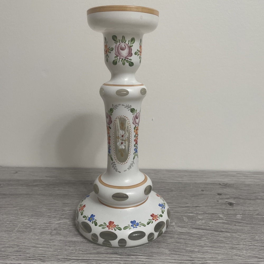 Bohemian White cut to clear hand-painted candlestick Czech 8 Inches grandma core